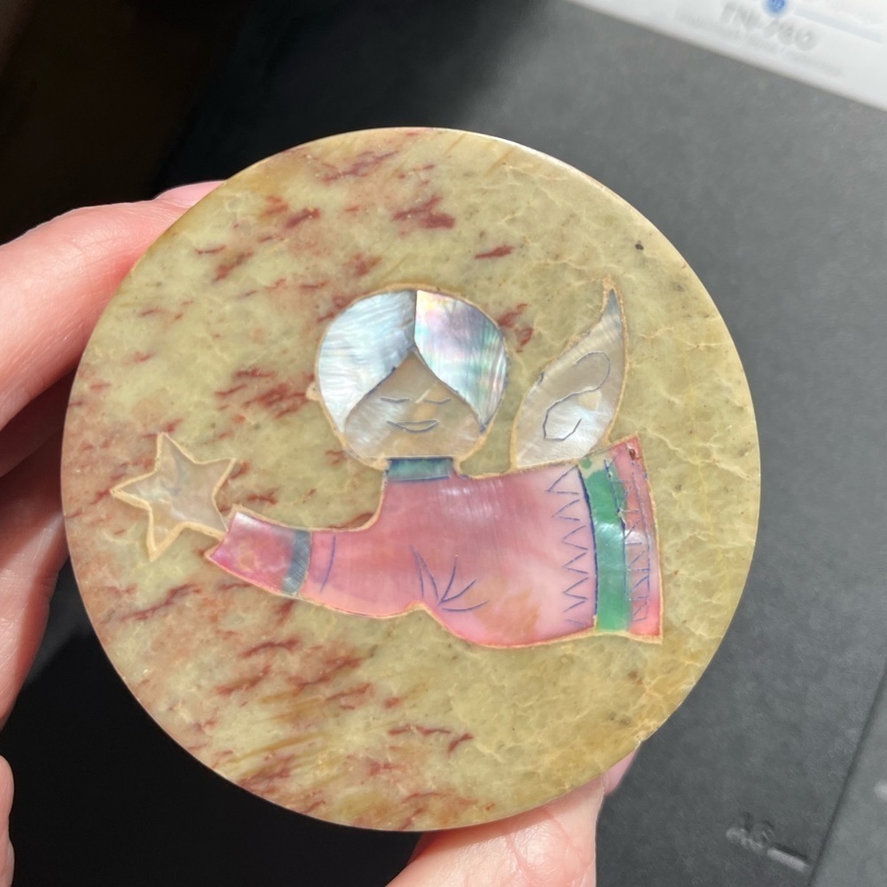 Vintage Soapstone Trinketbox with Mother of Pearl Angel Inlay